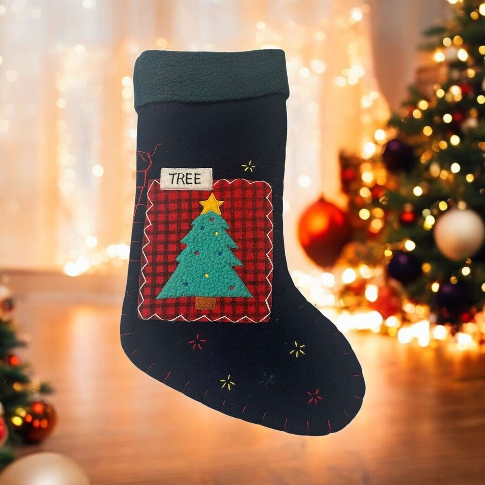 VTG Christmas Stocking Green Blue Tree Stars Country Tree Appliqué
